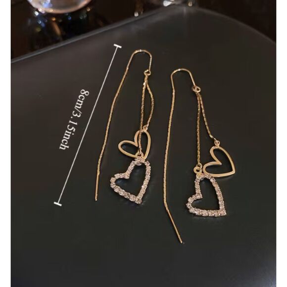 Gold & Crystal Open Hearts on Long Strands Earrings 3.15" - Picture 3 of 5